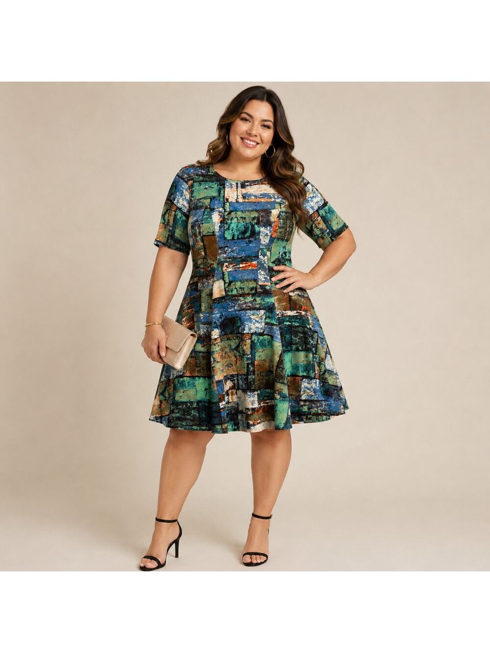 Karen Kane Dress Womens Large Blue Brown Abstract Knee Length Short Sleeve